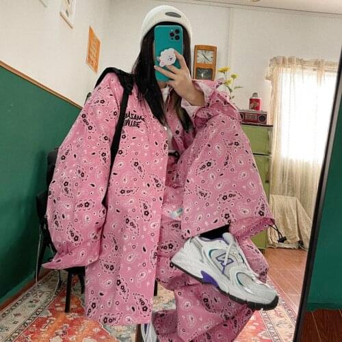 Street hip hop retro cashew flower loose size long sleeve shirt women pants suit girl