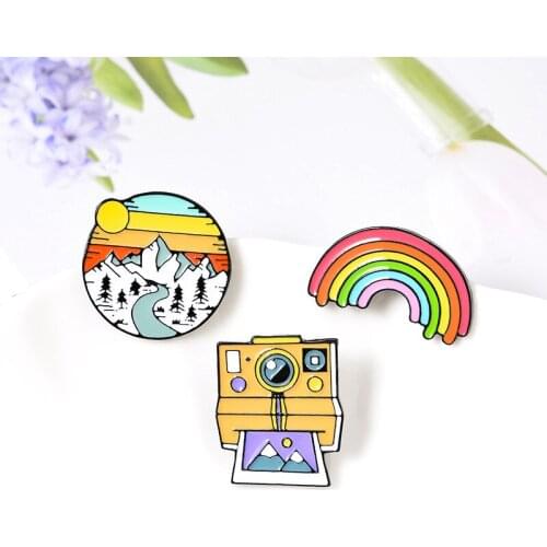 Explosive Rainbow Camera Snow Mountain Pin Student Cartoon Cute Outdoor Exquisite Enamel Pin The Best Gift For Kids And Children