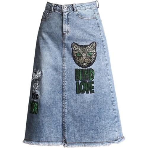 Summer new fashion denim jeans Skirts casual high waist cat patchwork pocket A line knee-length jeans skirt plus size 4XL