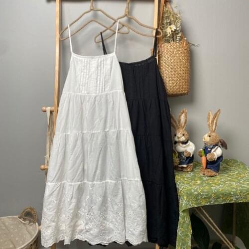 Spring and Summer Womens Clothing New Solid Color Japanese All-match Hollow Lace Hanging Wide Loose Inner Wear Thin Base Dress