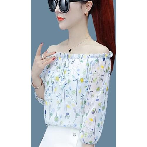 Womens Spring Summer Style Chiffon Shirt Womens Printed Slash-Neck Long Sleeve Elegant Korean Tops DD8563