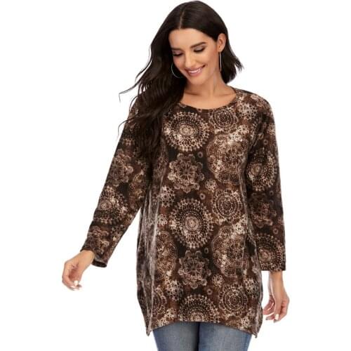 Autumn top womens knitwear fashion printed long sleeve womens T shirt Round collar womens T shirt casual loose size 2021