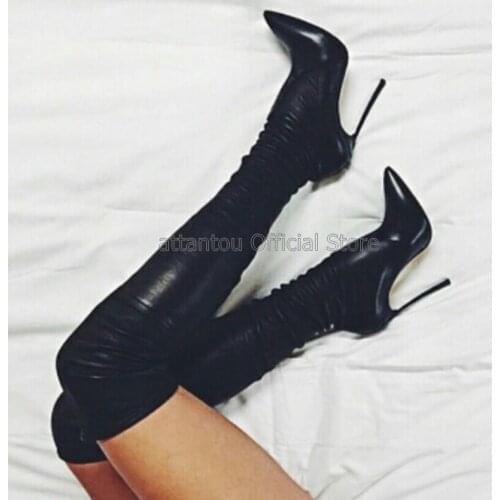 Black Stretch Leaher Pointed Toe Long Boots Woman Over-the-knee Thin Metal Heels Thigh High Boots Slim Fit Bange Boots