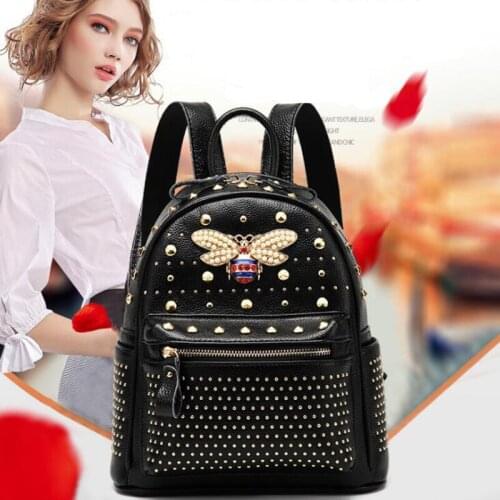 Womens Backpack Travel Bag Genuine Leather Fashion Bee with Diamonds Korean Casual School Backpack Female Bag Bookbag Luxury