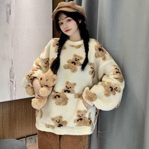 Women Bear Print Hoodies Lambwool Sweet Coats Spring Autumn Tops Oversize Loose Warm Pullovers Hoodies Women Harajuku Sweatshirt