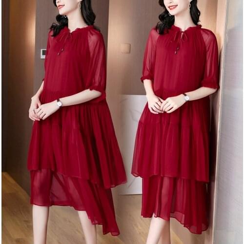 Summer Boho Red Mulberry Silk Vintage Midi Dress Spring Women Casual Loose Beach Dress 2021 Elegant Bodycon Party Solid Vestidos