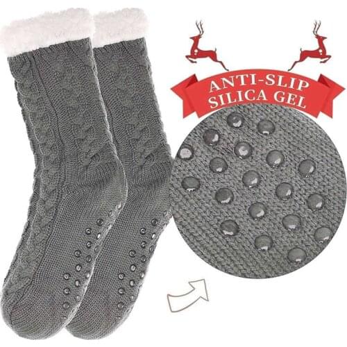 Winter Women Thick Socks Cotton Fleece-lined Thermal Non-Skid Slipper Socks Grey Color Socks