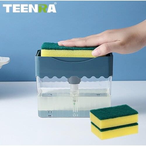 TEENRA 2 In 1 Sponge Rack Soap Dispenser Manual Press Soap Organizer Cleaning Liquid Dispenser Container Kitchen Cleaner Tool