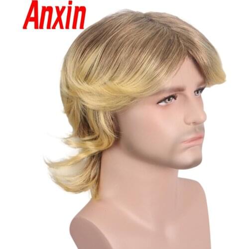 Anxin Short Blonde Wigs for Men Synthetic Wig Golden Color Hairs Toupee High Temperature Heat Resistant Cosplay Wigs for Women