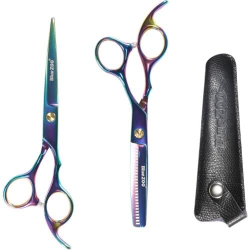 BlueZOO Multi-Color Leather Set 6-Inch Professional Haircut Hairdressing Scissors Color Scissors Straight Snips Thinning