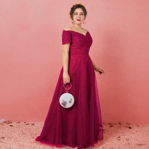 Burgundy Boat Neck Evening Dress Elegant Short Sleeves Embroidery A-Line Lace Up Floor-Length Plus Size Women Formal Gowns D826