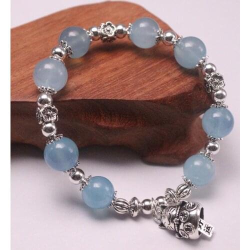 New Pure 925 Sterling Silver Bracelet 10mm Aquamarine Bead And Fortune Cat Bracalet Symbol Of Love and luck