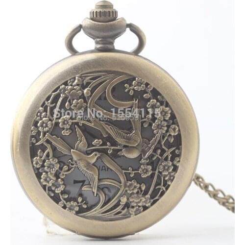 Bronze Vintage Magpie Pocket watch with Chain Necklace Pendant Steampunk Watches Antique Necklace Christmas Hot Sale
