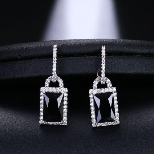EMMAYA Luxury AAA Cubic Zirconia Jewelry Shiny Big Black Onyx Square Crystal Earrings For Women Girls Wedding Party