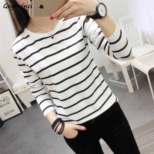 Long Sleeve T-shirts Women Spring O-neck Striped Korean Slim 2XL Loose Womens Tops All-match Ins Tees Chic Autumn Fashion Simple