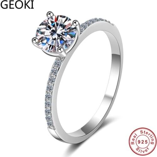 Geoki 925 Sterling Silver Perfect Cut 1 ct VVS1 Diamond Test Passed Moissanite Ring Solid Round Lab-grown Diamond Stone Ring
