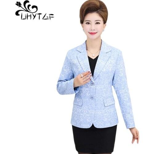 UHYTGF 5XL Plus Size Small suit short coat Female fashion print spring jacket suit collar Slim womens elegant thin outerwear 704