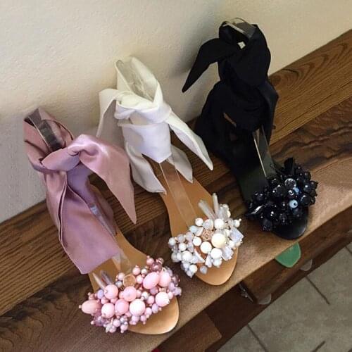 Summer Female Sandals Lace Up Flat Sandal Non-slip Wild Cute Beads Flower Sandals Casual Band Ladies Beach Shoes Fit Sandals