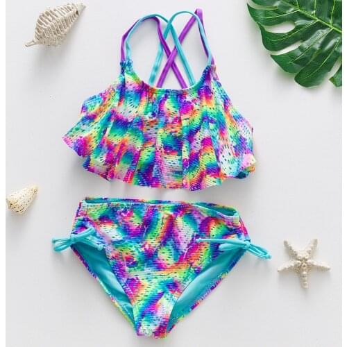 5~16 Year Girls Swimsuit Ruffle style Girls Swimwear Rainbow Kids Swimwear Teenager Children Swimwear Two pieces Kids Beachwear