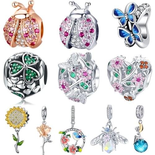 WOSTU Authentic 925 Sterling Silver Butterfly Bee Flowers Bead Charm Pendant Fit Original Bracelet Women DIY Fine Jewelry Gift