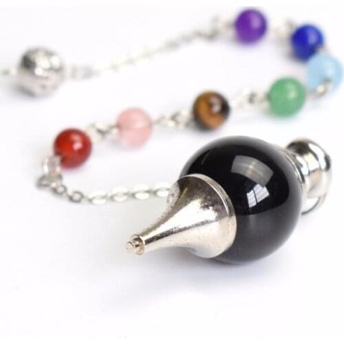 Natural Chakra Black Agate Carved Crystal Reiki Dowsing Energy Healing Ball Pendulum with Chakra Beads