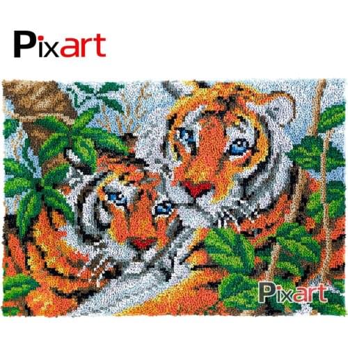 Latch Hook Rug Two Tigers Crocheting Wall Tapestry Kits DIY Carpet Rug Chunky Yarn Needlework Knitted Floor Mat Hobby & Crafts