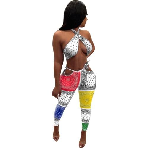 Vintage Print Color Block 2 Piece Set Women Summer Sexy Halter Bandage Crop Top + Pencil Pants Bodycon Two Piece Set Outfits