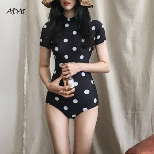 Vintage Dot Print Zipper Design Bikini Set Womens Swimwear 2021swimsuit One Piece Bodysuit Bathing Suits Short Sleeve Swim Wear