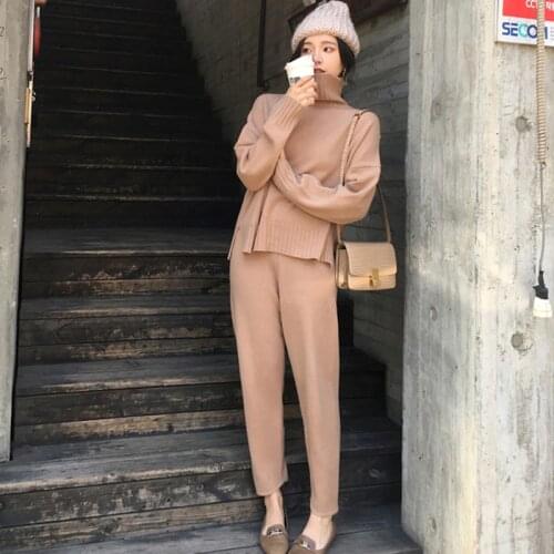 Casual Sweater Pants Knitted 2 Pieces Set Turtleneck Pullovers & Elastic Waist Pants Women Sweater Sets 2020 Autumn Knitted Set