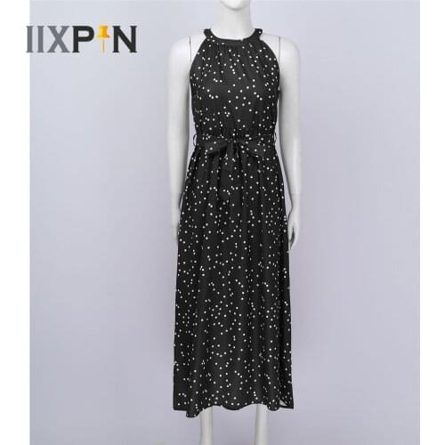 Women Summer Beach Dresses Vintage Halter Neck Sleeveless Polka Dots Party Maxi Dress for Women Sundress Floral Long Dress