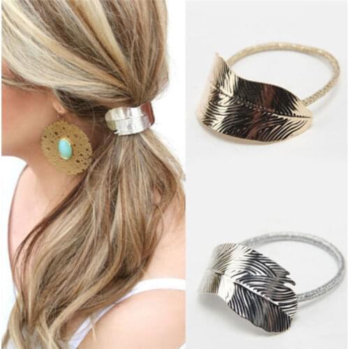 1 PC Women Leaf Hair Rope Elastic Ponytail Holder Headband Elastic silver gold Party Vacation Hairband