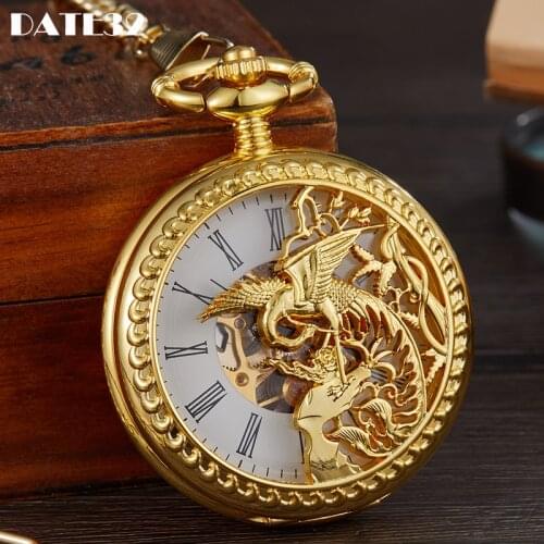 Luxury Gold Bird Mechanical Pocket Watch Skeleton Hollow Engraved Case Fob Chain Clock for Men Women Collection Dropshipping