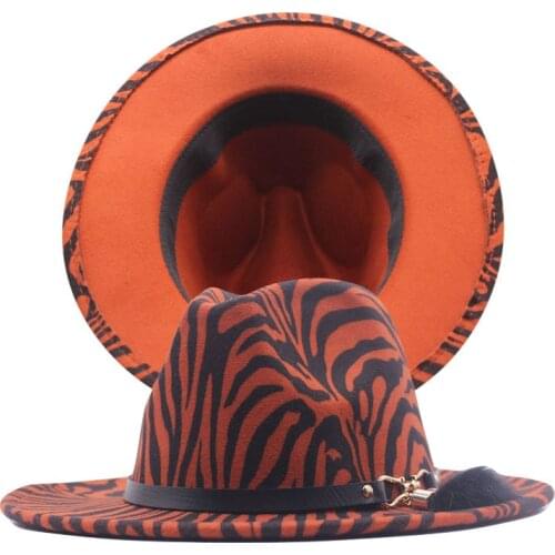 QPALCR Wide Brim Hats Women Men Tie Dyed Zebra Special Fedora Belt Buckle Felt Panama Hat Vintage Church Chapeau Femme Felt Hat
