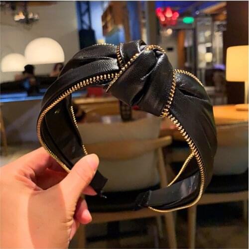 Korea High Quality Leather Zipper Retro Hair Accessories Hair Band Hair Bows Flower Crown Headbands for Women Girls