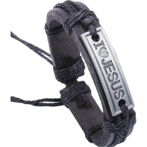 Kirykle Brown Black Vintage Leather Bracelet Religious Faith Bangle "I LOVE JESUS" Christian Jewelry For Women Man Cuff Gift