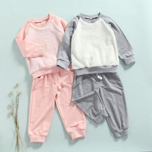 2 Pieces Kids Suit Set Toddler Solid Color O-Neck Long Sleeve Tops+ Trousers with Pockets for Girls Childrens Sets