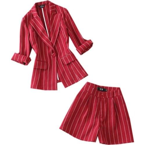 Fashion stripe suit women summer New large size Casual Red striped small suit + wide leg pants shorts two-piece suit women