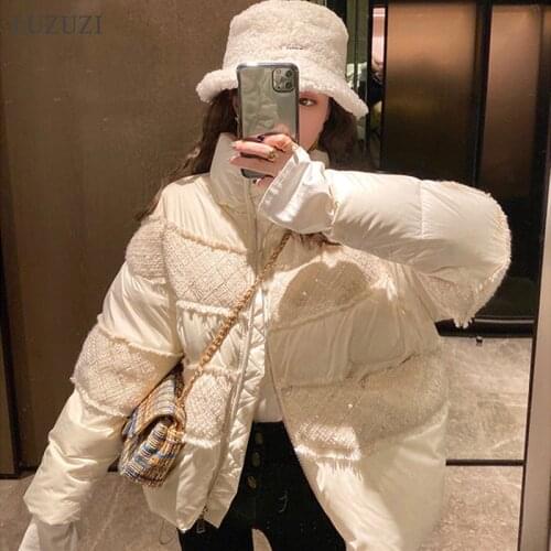LUZUZI Short down jacket women 2021 winter new style fashion stitching small sequined stand collar white duck down coat female