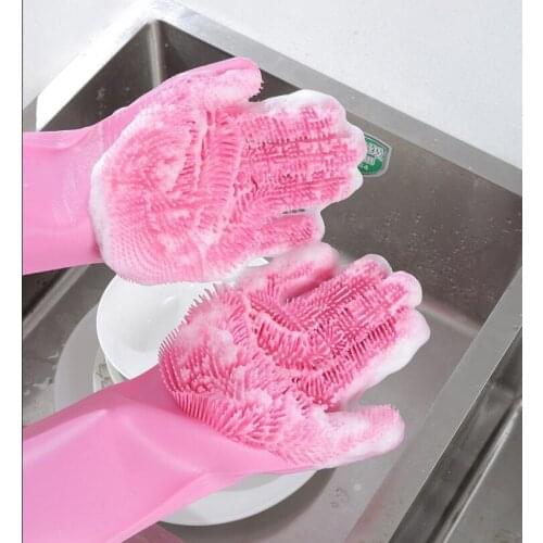 Reusable Silicone Gloves with Wash Scrubber Dishwashing Cleaning Gloves Rubber Dish Washing Glove Household Kitchen Clean Tool