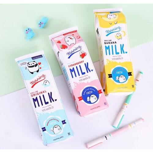 Novel Milk Box PU Leather Pencil Case Storage Cartoon Pen Holder Organizer Makeup Cosmetic Bag Student Stationery