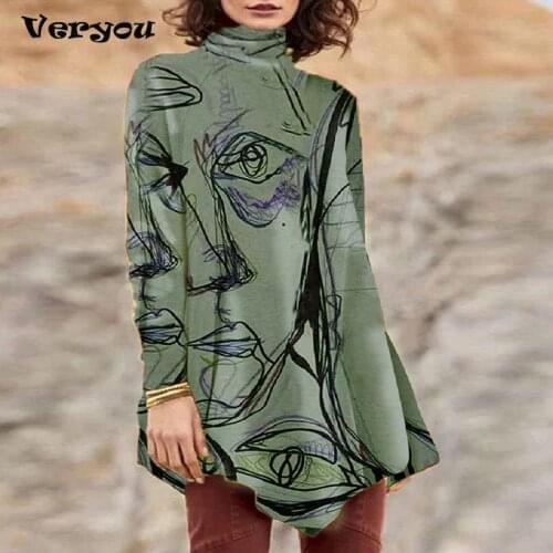 2021 Autumn Women Pullover Shirts Vintage Turtleneck Abstract Butterfly Print Long Sleeve Plus Size Long Shirt Tops Blusas