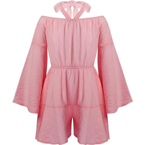 Oyolan Lovely Jumpsuit For Teen Girl Romper Summer Off Shoulder Flared Sleeves Casual Overalls Children Clothing 5 8 10 12 Year