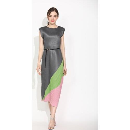 HOT SELLING Miyake fold round collar patchwork dress with sleeveless asymmetrical dress IN STOCK