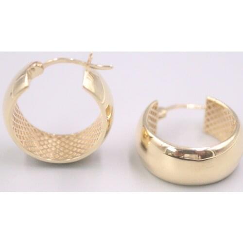 Real Pure 18K Yellow Gold Earrings Glossy Grid Round Circle Hoop Earrings 4.5g For Men Woman Lucky Gift