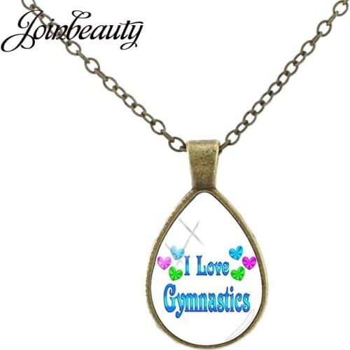 JOINBEAUTY I Love Gymnastics Heart Picture Necklace Vintage Water Tear-Drop Pendant Athletes Fashion Souvenir Gift Jewelry SP117