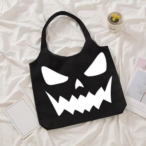 Womens Shopper Shopping Bags for Boutique Funny Halloween Face Harajuku Style Reusable Tote Bag Aesthetic Black Canvas Tote