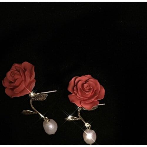 TIMEONLY Romantic Rose Flower Imitation Pearl Stud Earrrings White Red Color Alloy Charms Earring for Women Girls Party Jewelry