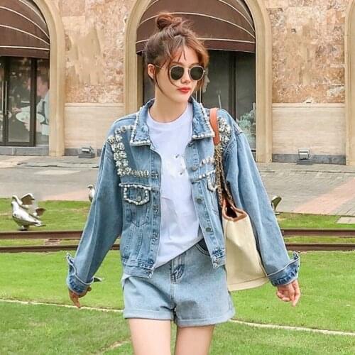 Korean Style New Womens Turn-Down Collar Single Breasted Pockets Fashion Denim Jackets Office Lady Diamonds Design Casual Coat