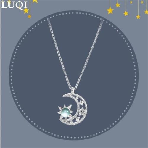 Womens Fashion S925 Silver Hollow Blue Star Moonlight Pendant Personalized Necklaces 336