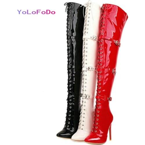 Black Red White Women Over the Knee Boots Fashion Pointed Toe Thin High Heel Ladies Thigh Boots Buckle Cross Tied Nightclub Shoe